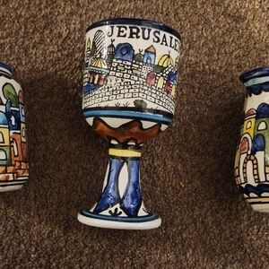 Hand-painted by Artisans Armenian Ceramic Kiddush Cup, Creamer, Sugar Bowl Set